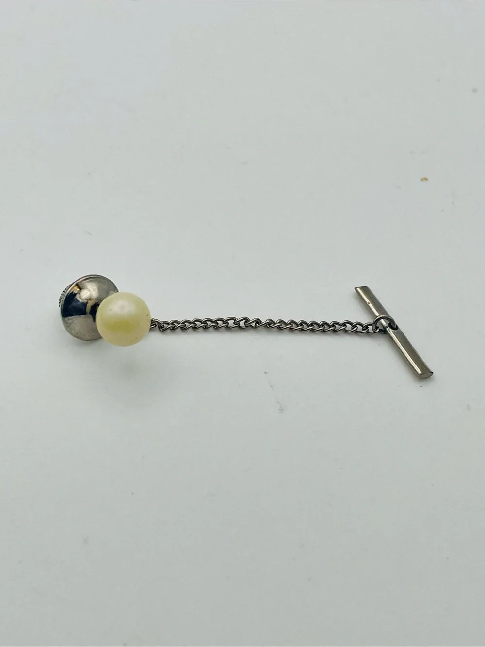 Vintage Silver Tone Chain Tie Tack with Faux Pearl Bead